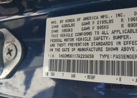 2007 Honda Accord Value z USA, uszkodzony, nr VIN 1HGCM56117A220459